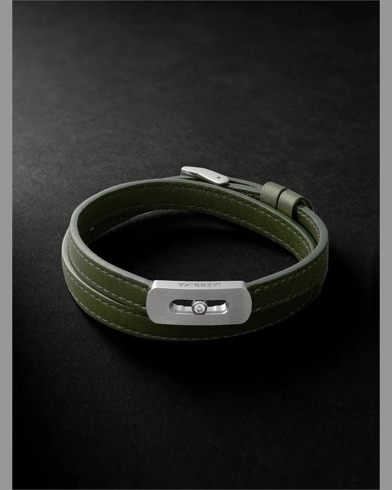 Messika My Move Brushed-Titanium, Leather and Diamond Bracelet Green