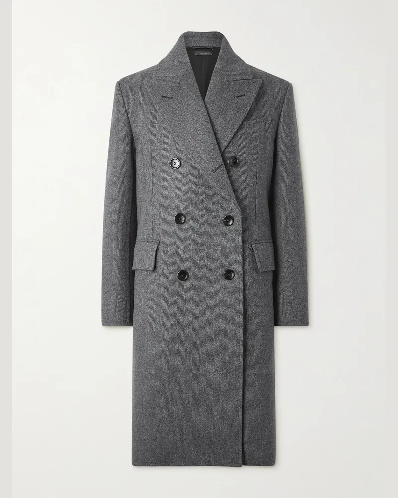 Tom Ford Doppelreihiger Mantel aus Wolle mit Fischgratmuster Grau