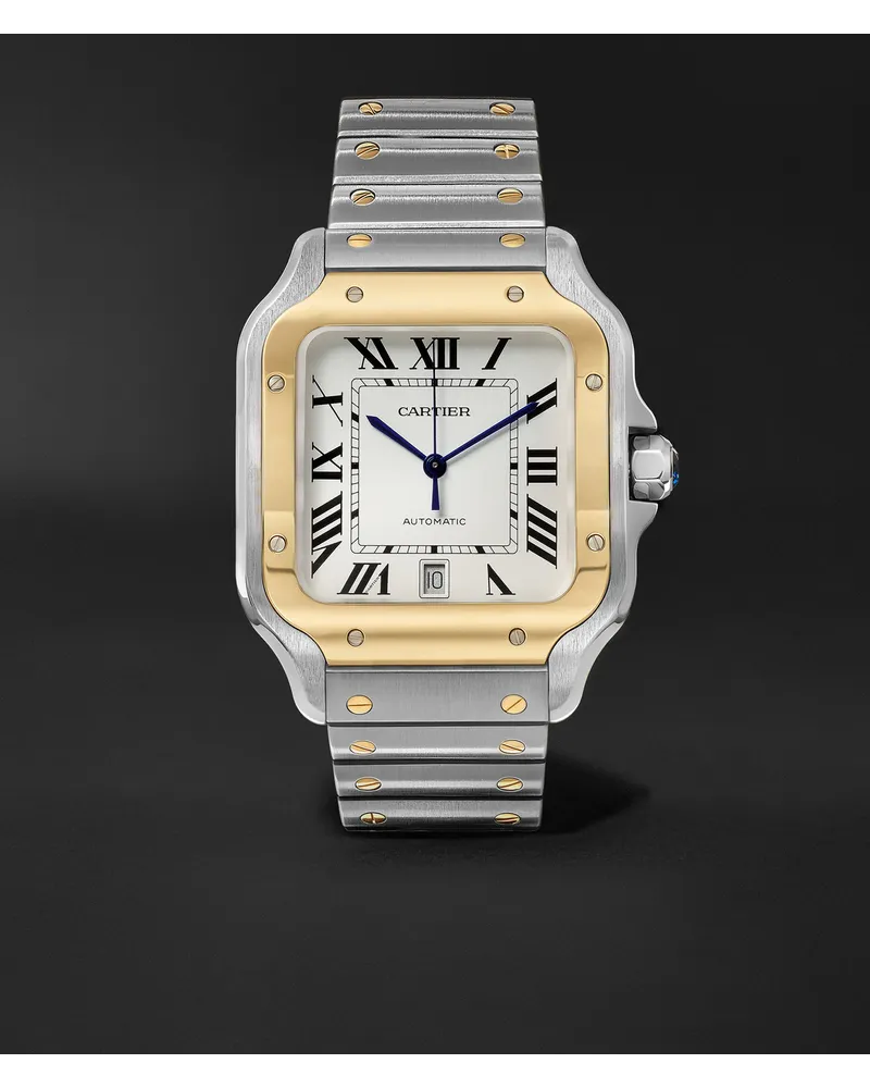 Cartier Santos 39,8 mm Uhr aus 18 Karat Gold mit automatischem Aufzug und einem Edelstahlarmband sowie einem Lederarmband zum Wechseln, Ref.-Nr.: W2SA0006 Weiß