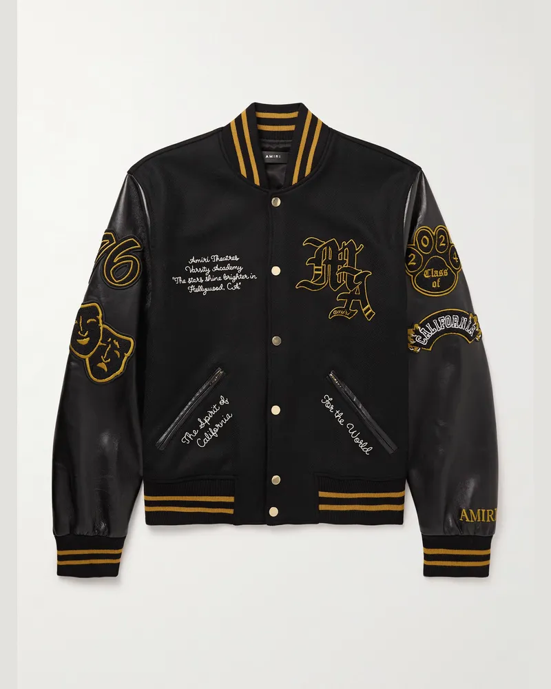Amiri Collegejacke aus einer Wollmischung und vollnarbigem Leder mit Applikationen Schwarz