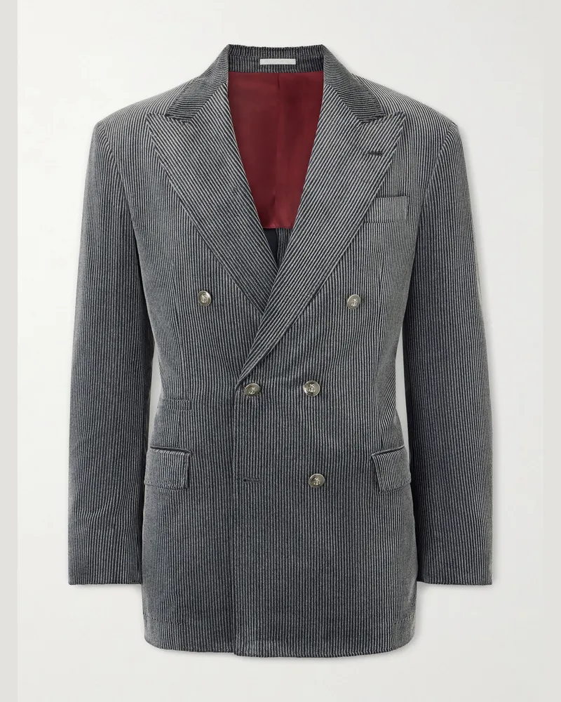 Brunello Cucinelli Slim-Fit Double-Breasted Cotton-Corduroy Suit Jacket Gray