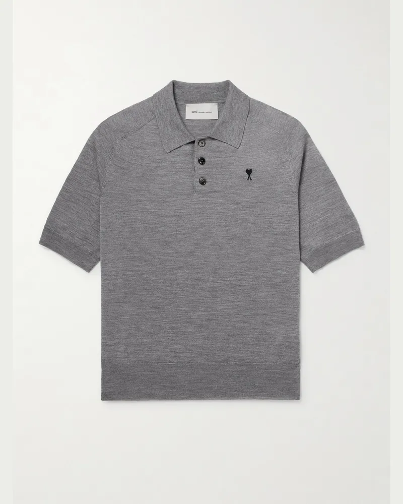 AMI Paris Logo-Embroidered Merino Wool Polo Shirt Gray
