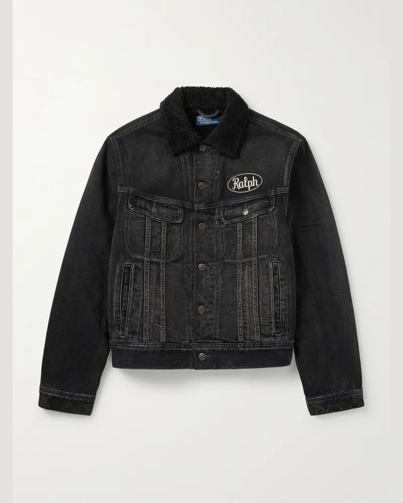 Ralph Lauren Jacke aus recyceltem Denim mit Fleecebesatz und Logoapplikation Schwarz