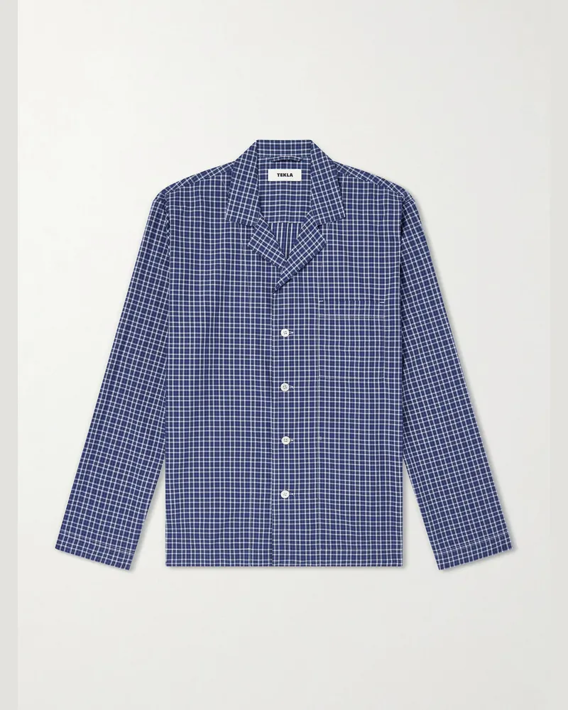 TEKLA Camp-Collar Checked Organic Cotton Pyjama Shirt Blue
