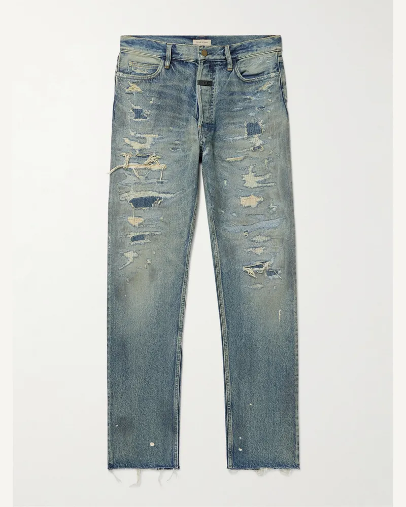 Fear of God Gerade geschnittene Jeans in Distressed-Optik mit Logoapplikation Blau