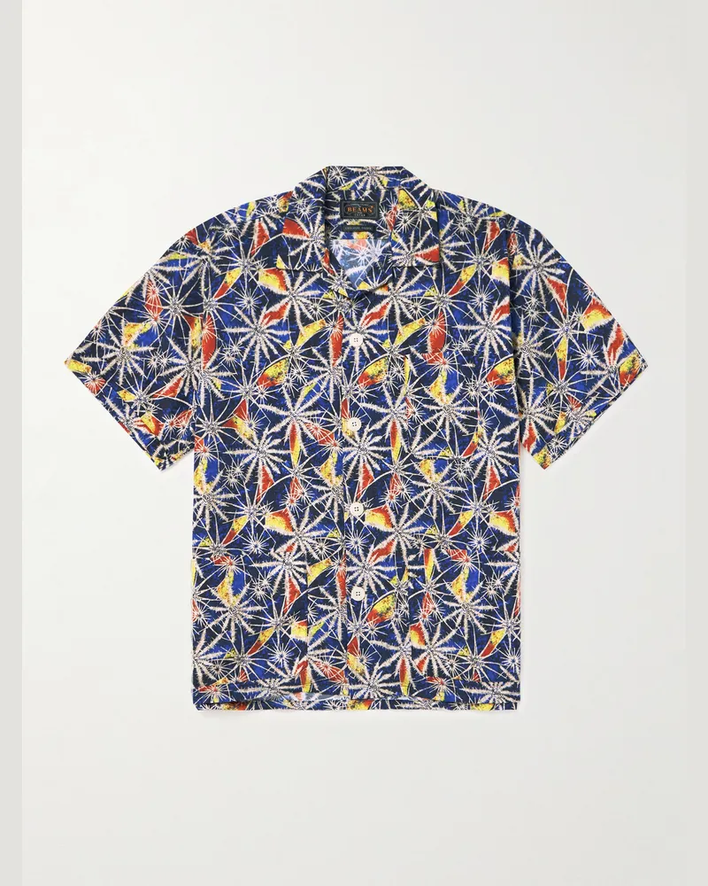 Beams Plus Camp-Collar Printed Cotton-Voile Shirt Blue