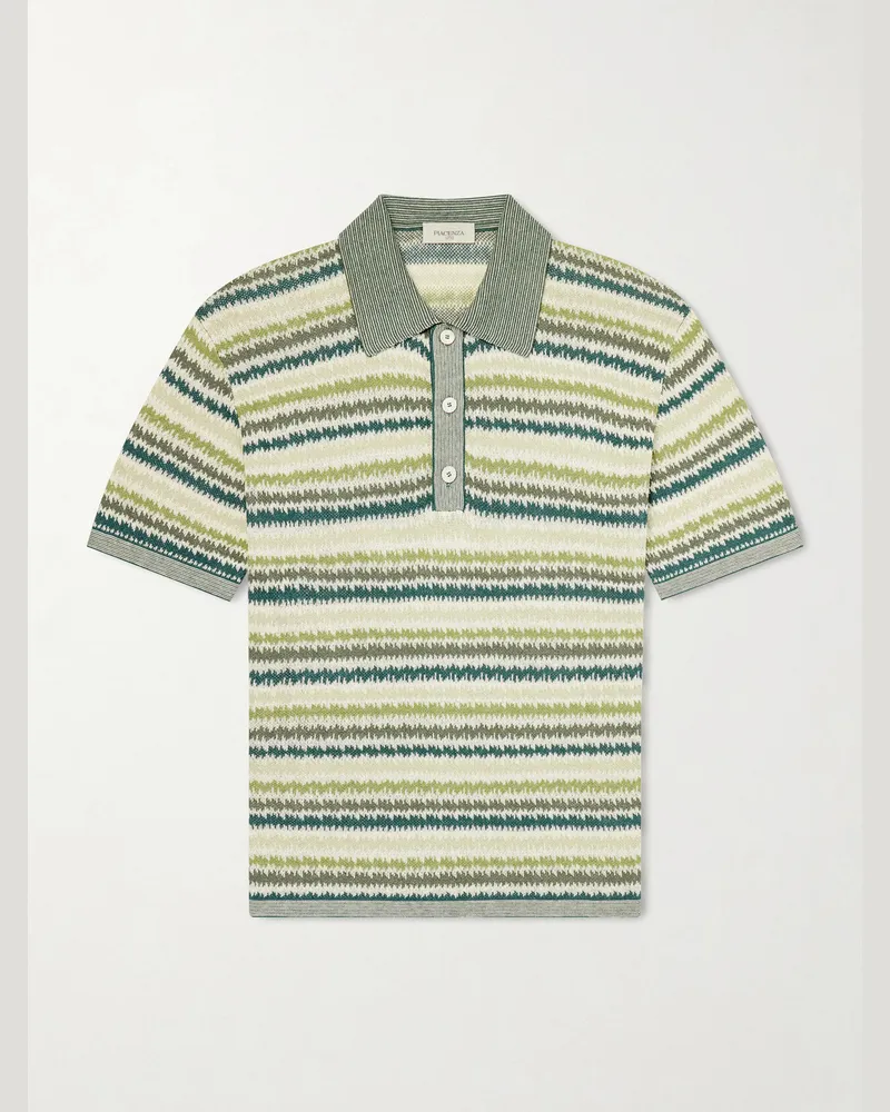 PIACENZA 1733 Striped Silk and Linen-Blend Polo Shirt Green