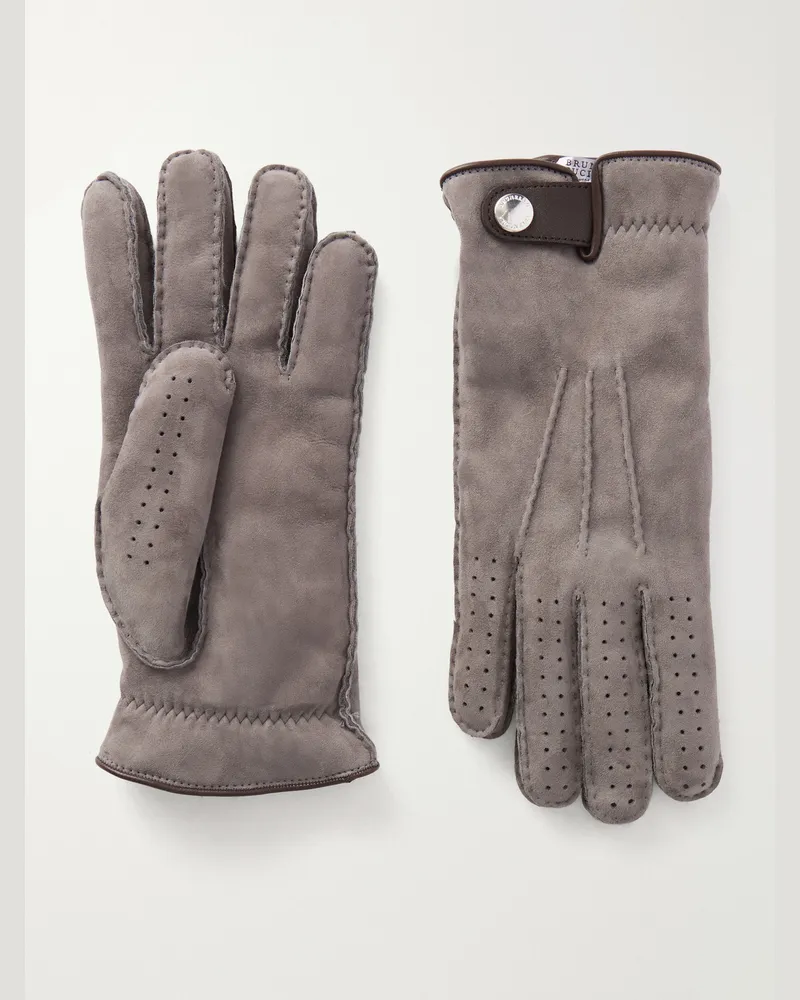 Brunello Cucinelli Leather-Trimmed Suede Gloves Gray