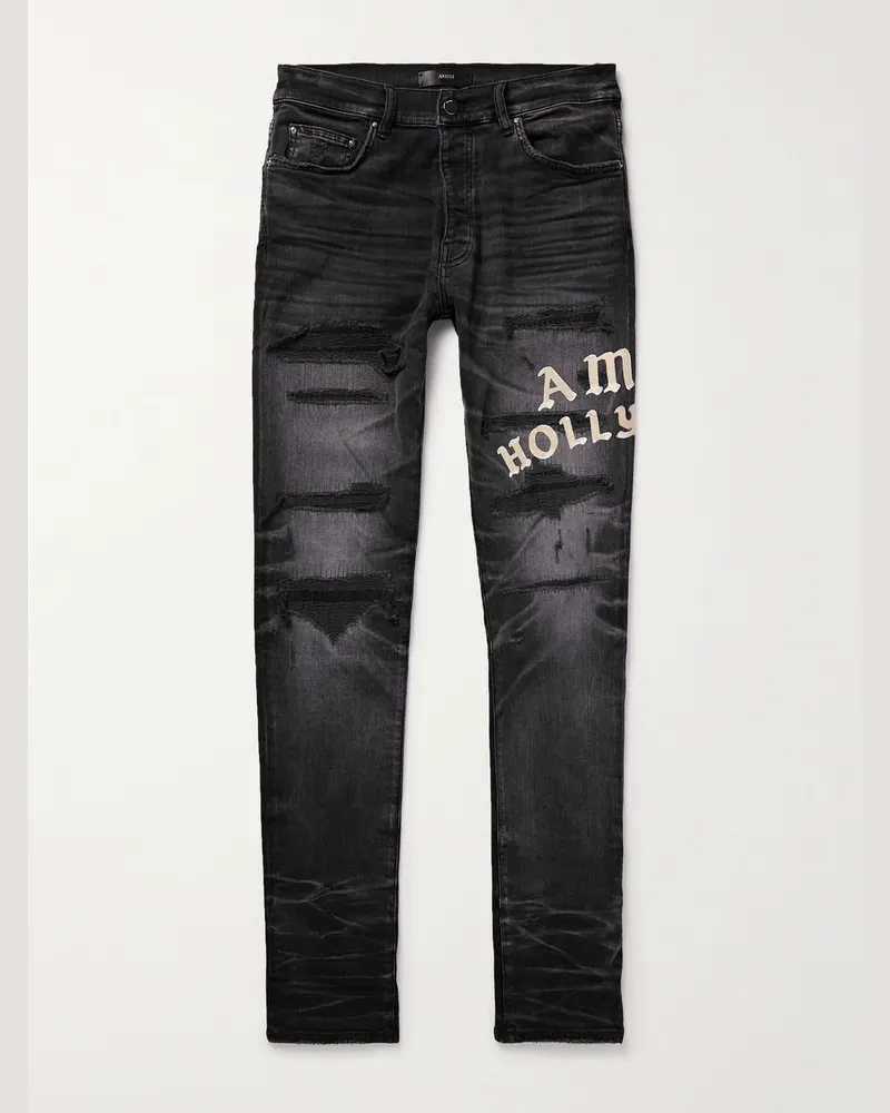 Amiri Hollywood Skinny-Fit Logo-Flocked Distressed Jeans Black