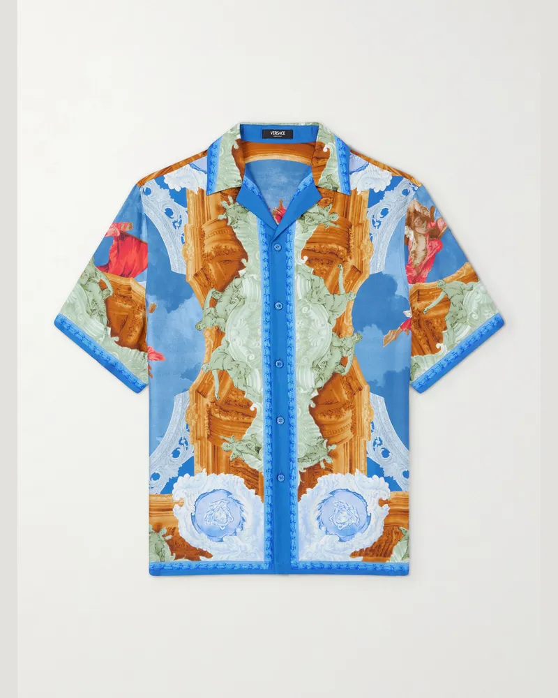 Versace Hemd aus bedrucktem Seiden-Twill mit Reverskragen Blau