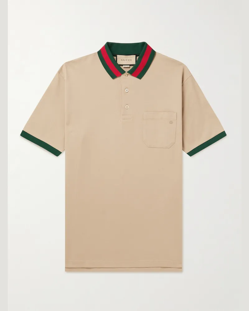 Gucci Logo-Embroidered Stretch-Cotton Piqué Polo Shirt Neutrals