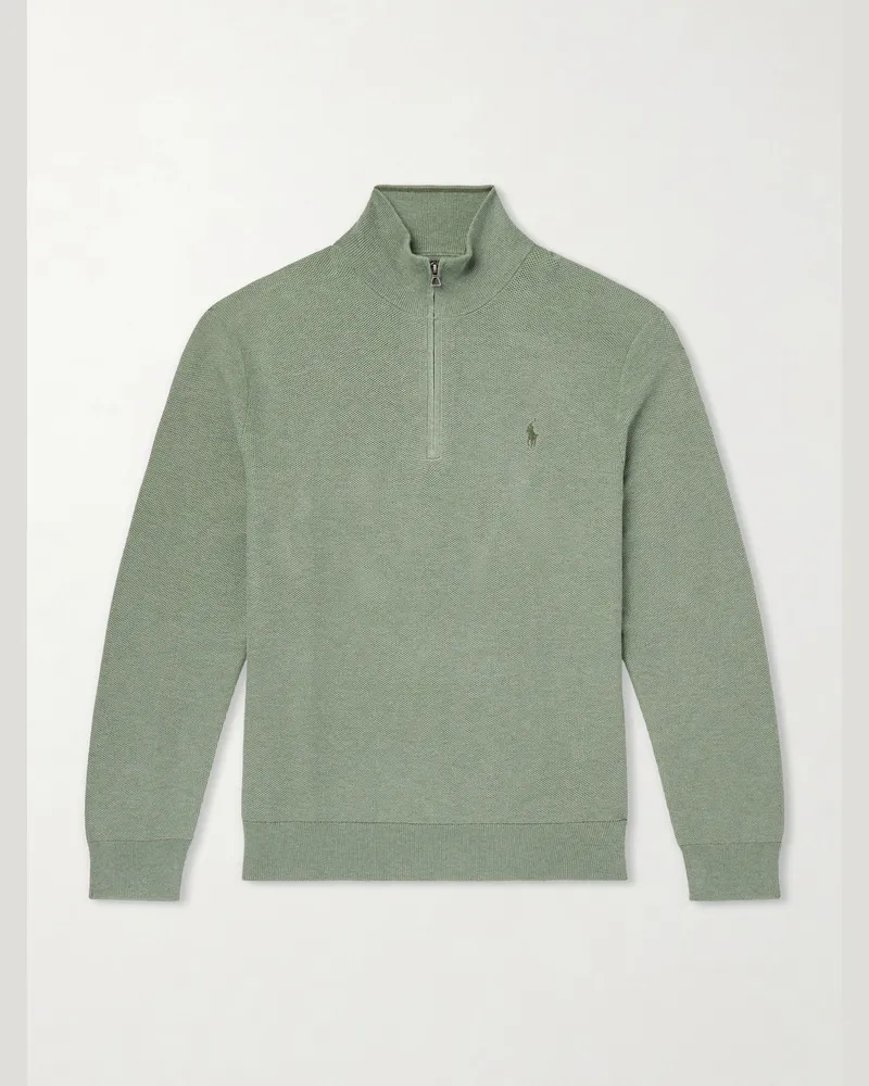 Ralph Lauren Logo-Embroidered Mesh-Knit Cotton Half-Zip Sweater Green