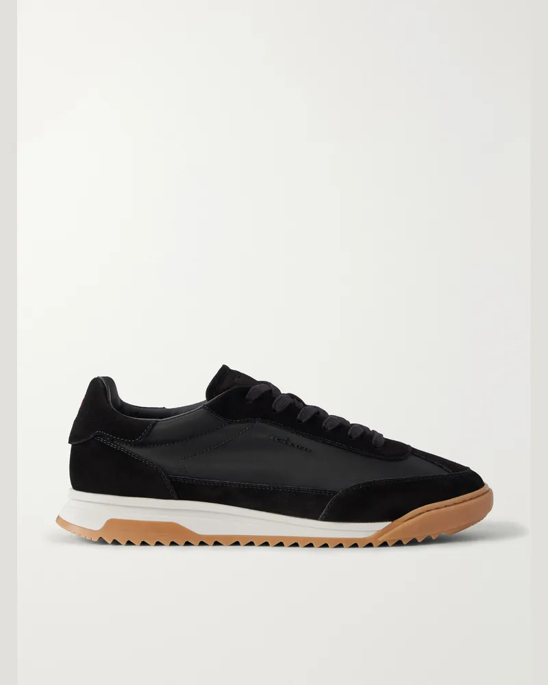 Kiton Logo-Embroidered Suede-Trimmed Stretch-Knit Sneakers Black