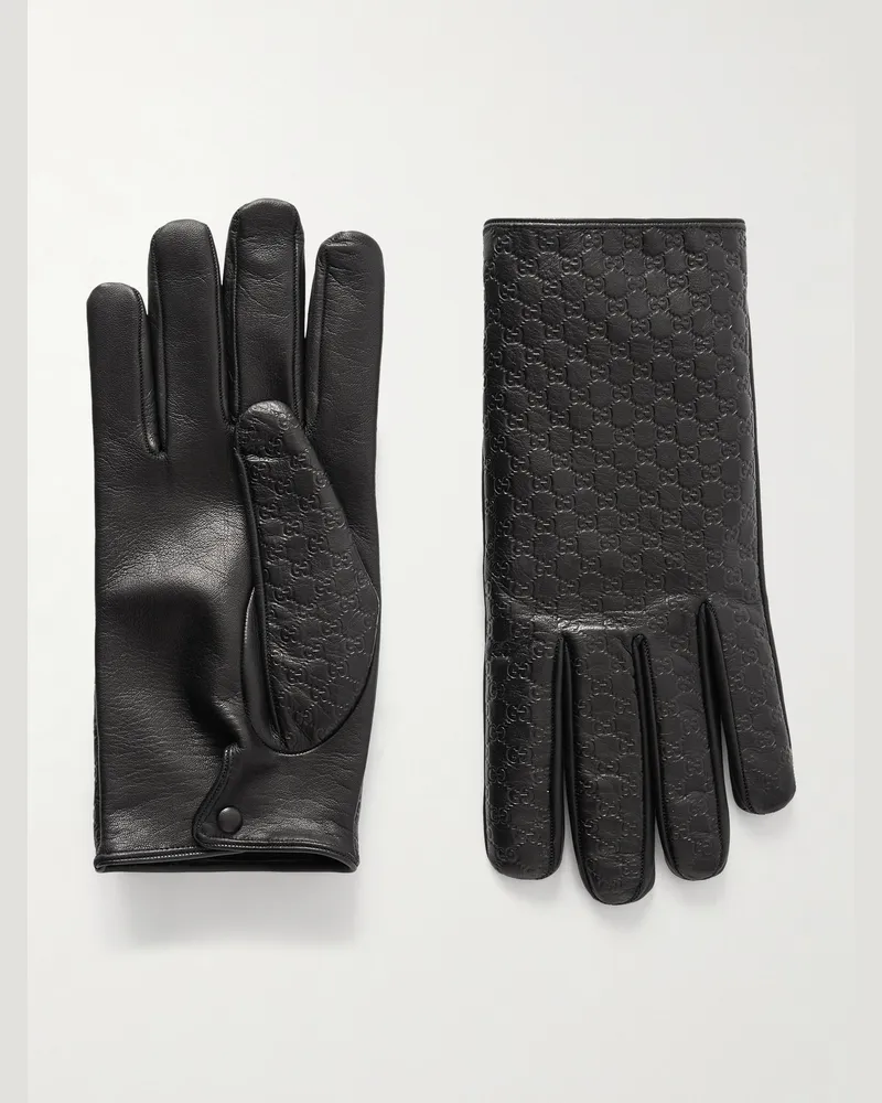 Gucci Logo-Embossed Leather Gloves Black