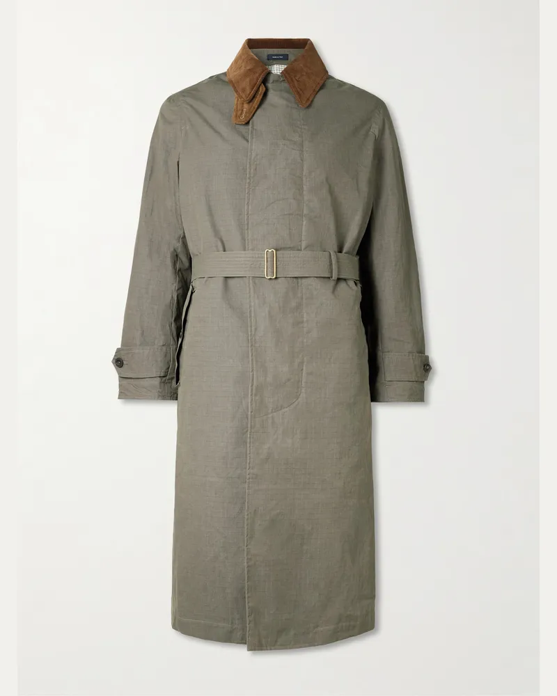 Drake's HIM Rider's Belted Corduroy-Trimmed Cotton-Ripstop Coat Brown