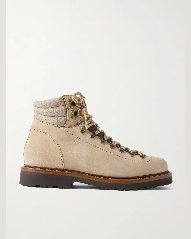 Brunello Cucinelli Stiefel aus Veloursleder mit Besatz aus Flanell und vollnarbigem Leder Neutral