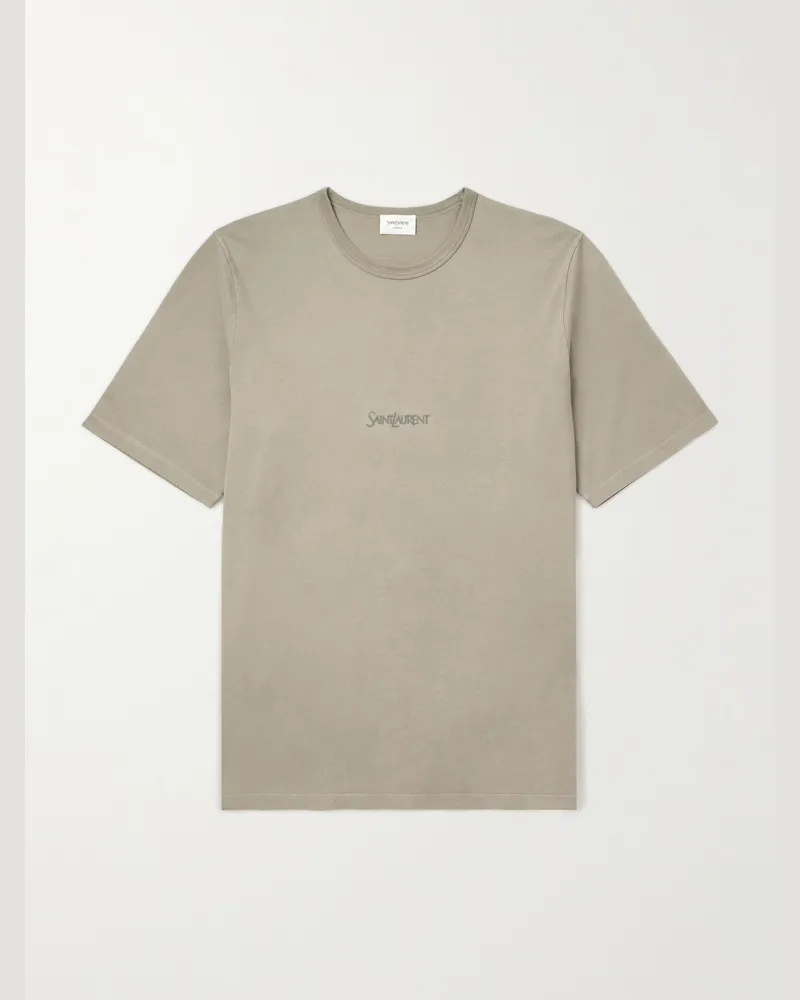 Saint Laurent Logo-Embroidered Cotton-Jersey T-Shirt Green