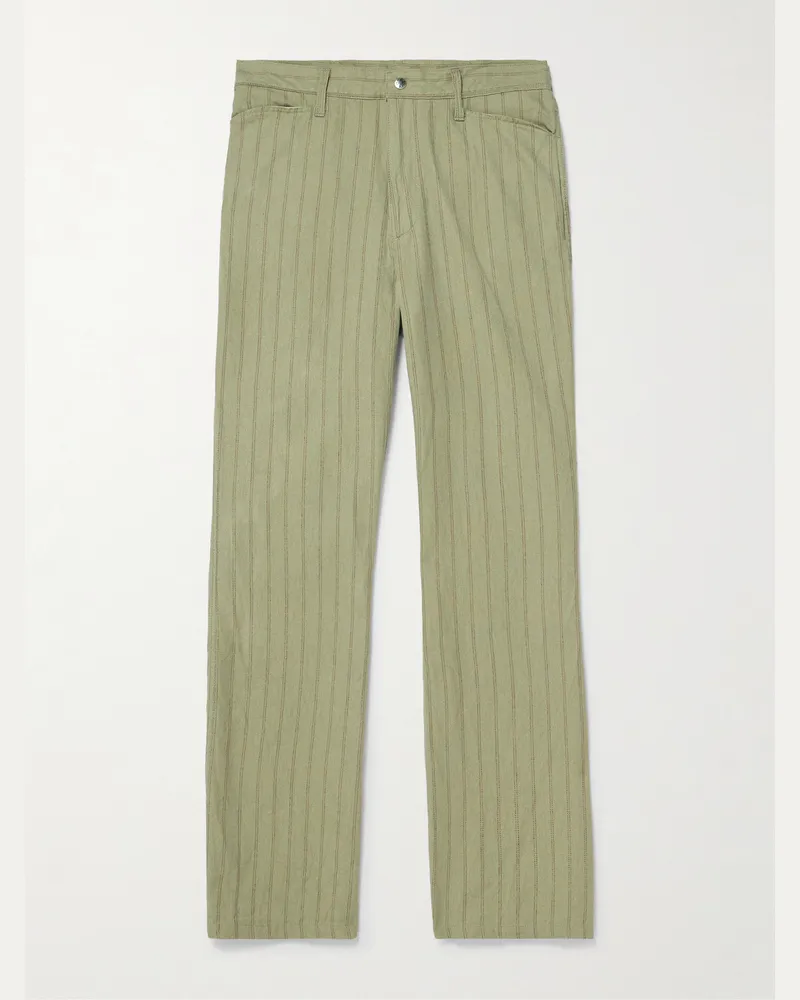 KAPITAL Gibson Straight-Leg Striped Linen and Cotton-Blend Twill Trousers Green