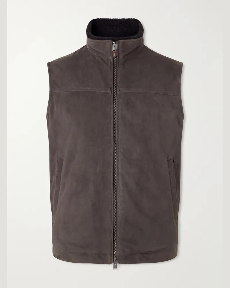 Canali Padded Shearling-Trimmed Suede Gilet Brown