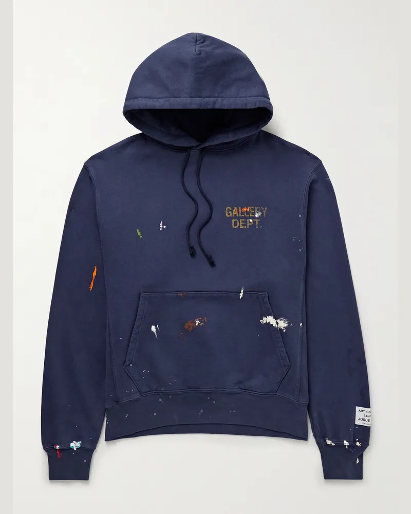 GALLERY DEPT. Logo-Print Paint-Splattered Cotton-Jersey Hoodie Blue