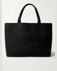 Saint Laurent Tote aus Raffiabast mit Logostickerei Schwarz