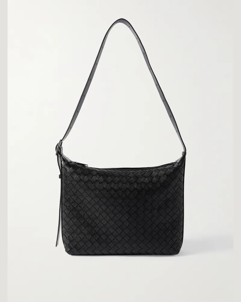 Bottega Veneta Small Traveler Umhängetasche aus vollnarbigem Intrecciato-Leder Schwarz