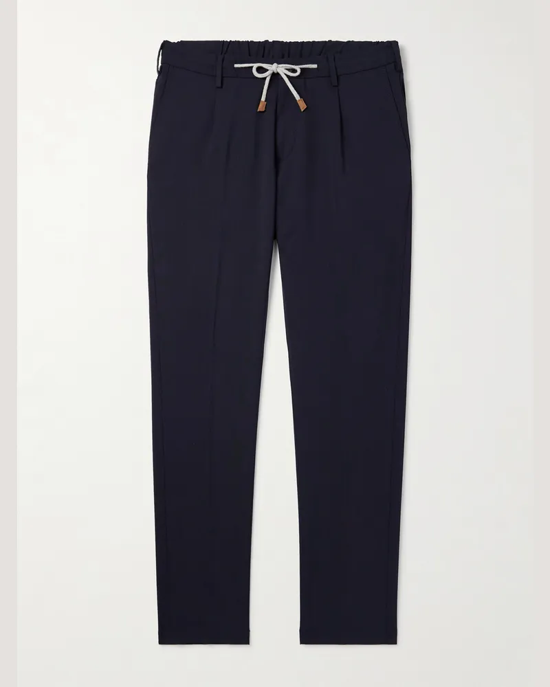 Eleventy Schmal und gerade geschnittene Hose aus Stretch-Wolle mit Kordelzugbund und Falten Blau