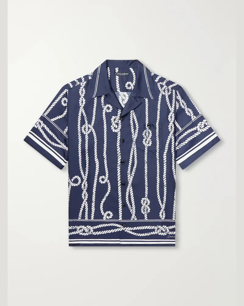 Dolce & Gabbana Marina Camp-Collar Printed Silk-Twill Shirt Blue