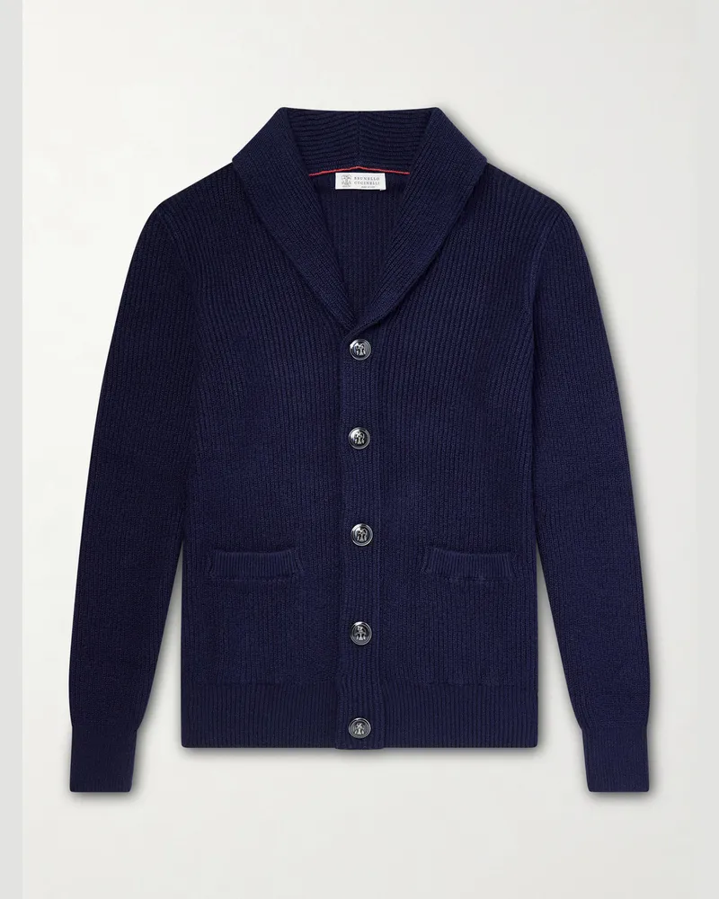 Brunello Cucinelli Shawl-Collar Ribbed Cotton Cardigan Blue
