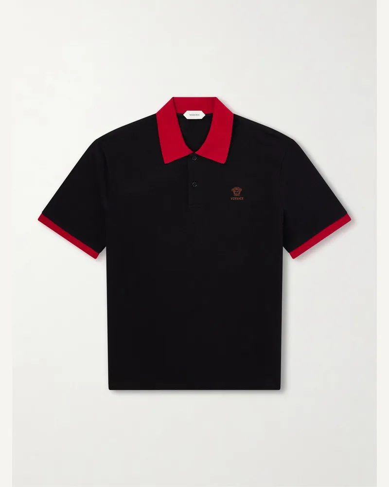 Versace Logo-Embroidered Cotton-Piqué Polo Shirt Black