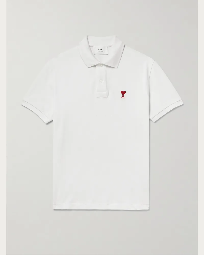 AMI Paris Logo-Embroidered Organic Cotton-Piqué Polo Shirt White