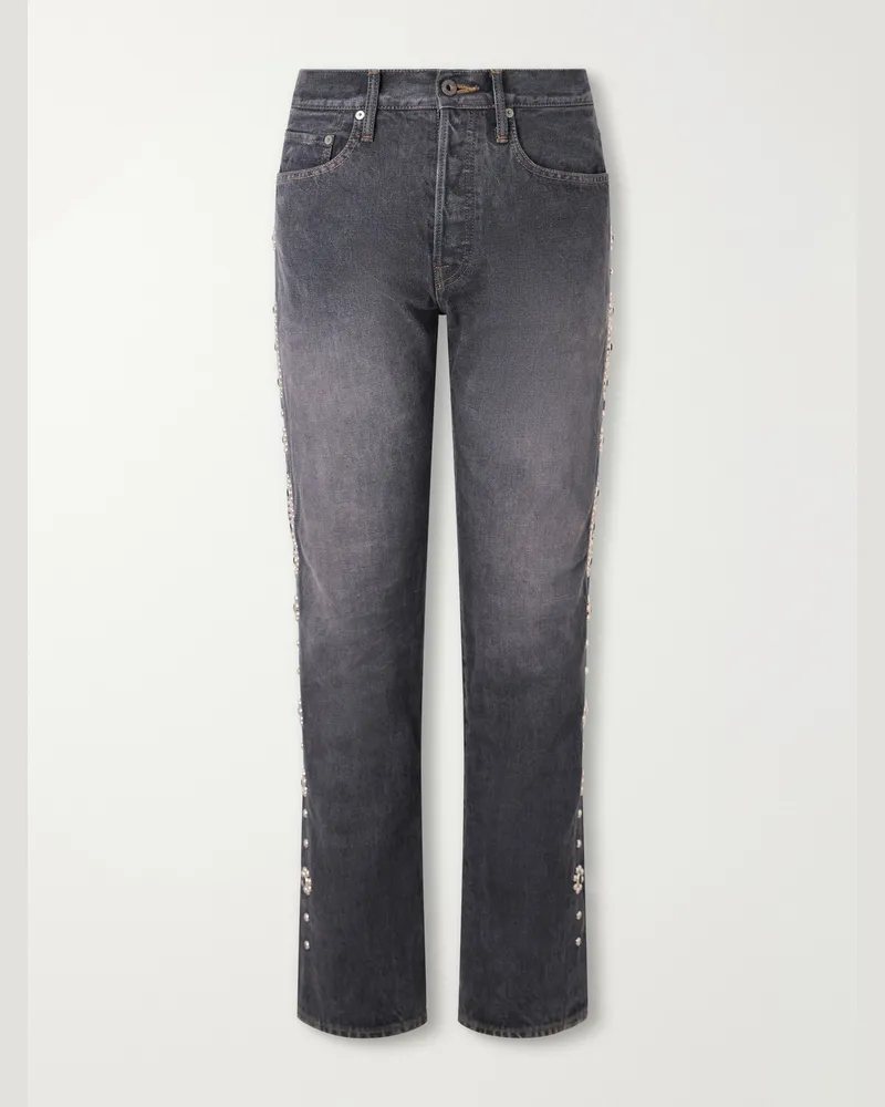 KAPITAL Monkey Cisco Straight-Leg Leather-Trimmed Embellished Jeans Black