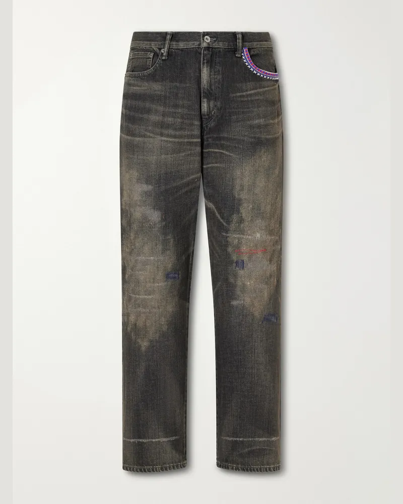 Neighborhood Savage Straight -Leg Bead-Embellished Distressed Jeans Gray