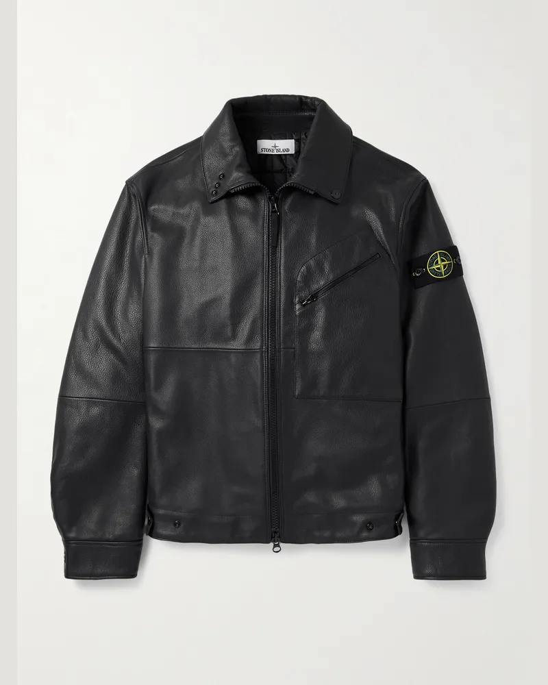 Stone Island Jacke aus vollnarbigem Leder mit Logodetail Schwarz