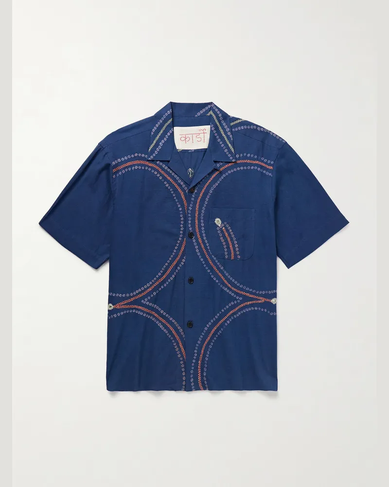 KARDO Ronen Hemd aus Baumwoll-Khadi mit Stickereien, Print und wandelbarem Kragen Blau