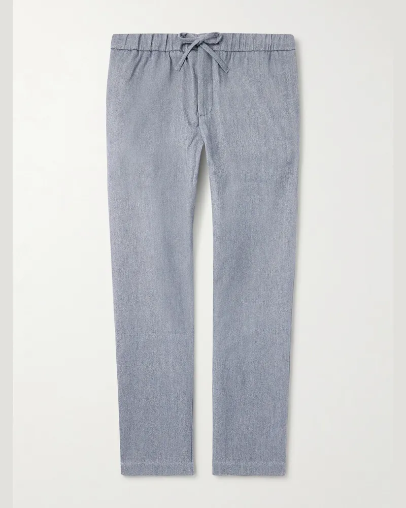 Frescobol Carioca Oscar Straight-Leg Herringbone Cotton and Cashmere-Blend Drawstring Trousers Blue