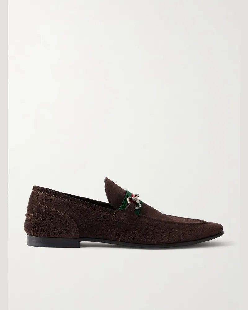 Gucci Como Horsebit-Embellished Web-Trimmed Suede Loafers Brown