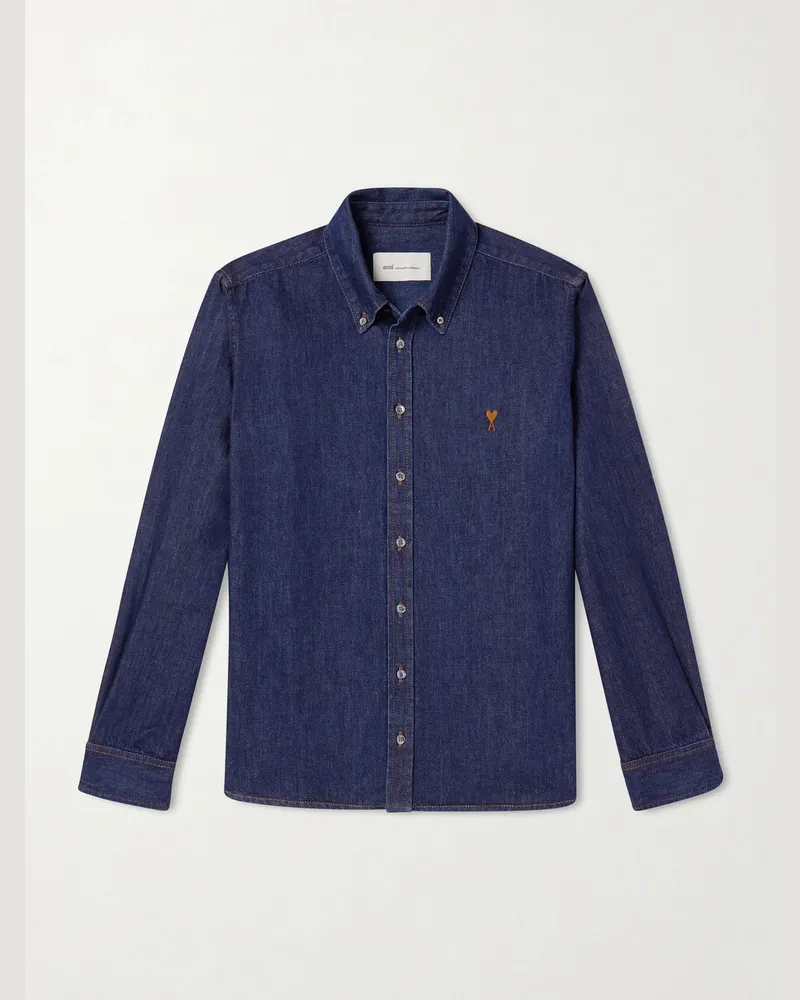 AMI Paris Jeanshemd mit Logostickerei und Button-Down-Kragen Blau