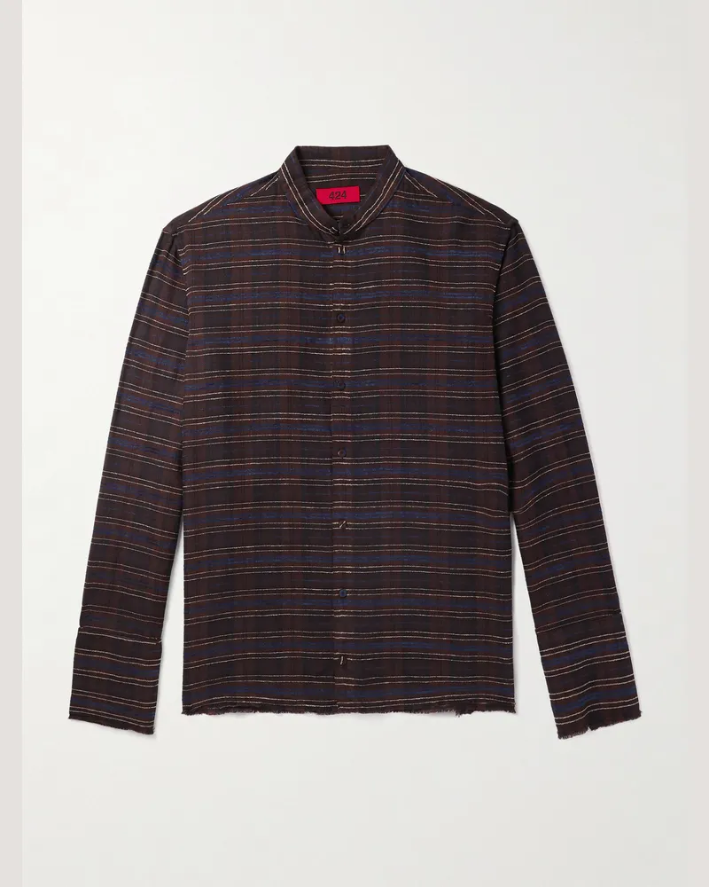 FourTwoFour on Fairfax Gestreiftes Flanellhemd aus einer Baumwollmischung mit Stickereien Braun