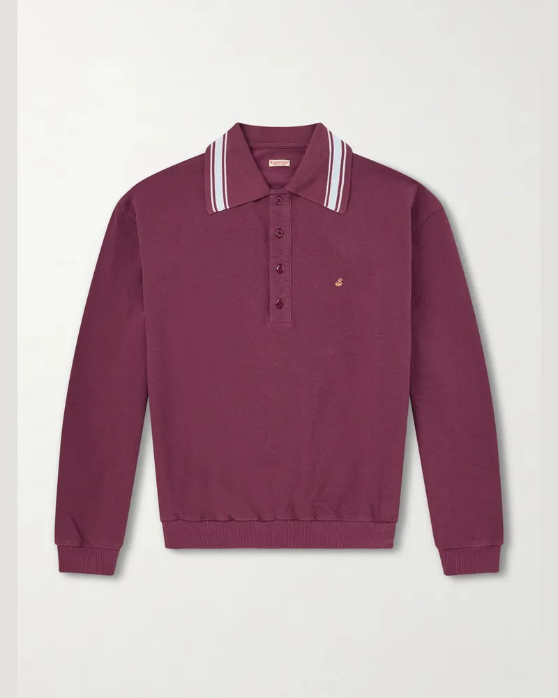 KAPITAL Box Striped Embroidered Cotton-Piqué Polo Shirt Burgundy