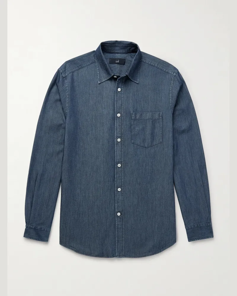Dunhill Hemd aus Chambray aus einer Maulbeerseiden-Baumwollmischung Blau