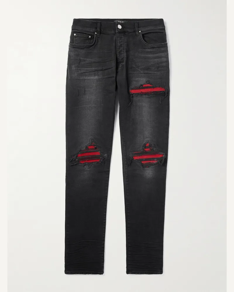 Amiri MX1 Skinny Jeans in Distressed-Optik mit Einsätzen aus Veloursleder Schwarz