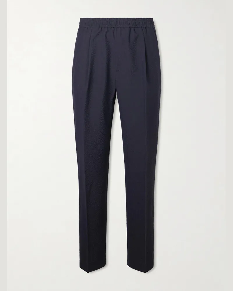 Altea Straight-Leg Pleated Wool-Blend Seersucker Trousers Blue
