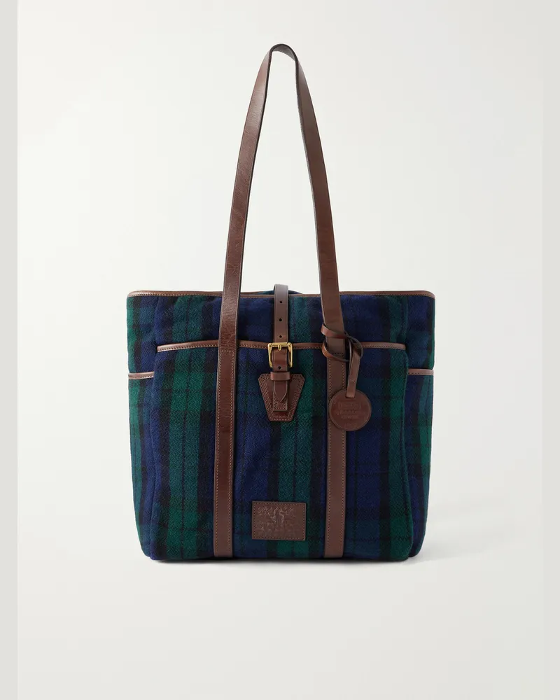 Ralph Lauren Checked Leather-Trimmed Flannel Tote Bag Blue