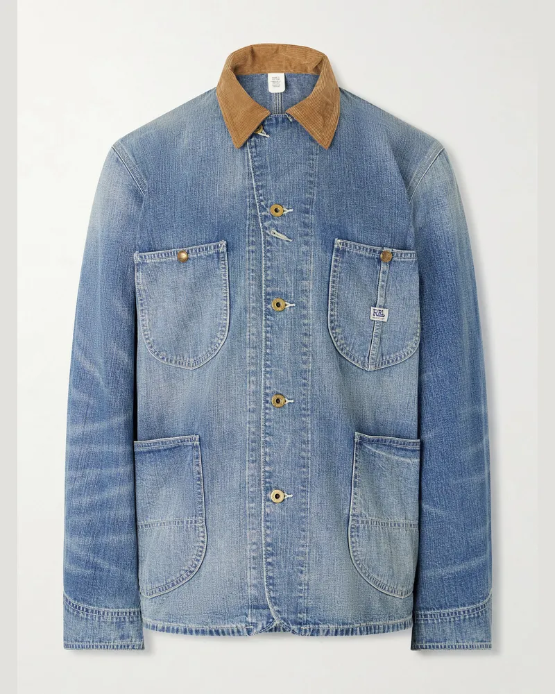 RRL Stockton Corduroy-Trimmed Denim Jacket Blue