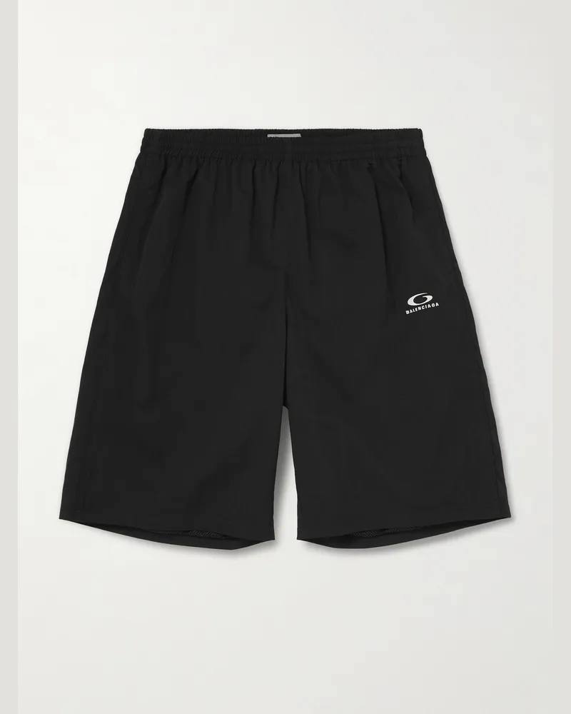 Balenciaga Wide-Leg Logo-Embroidered Shell Shorts Black