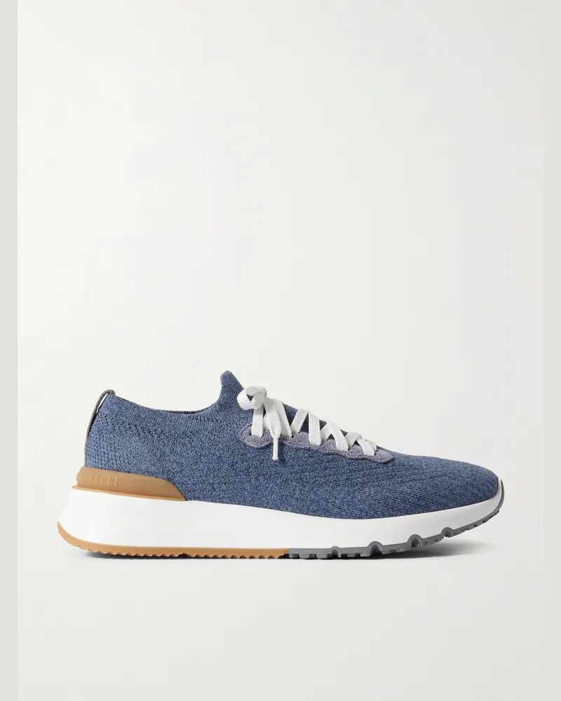 Brunello Cucinelli Sneakers aus Stretch-Strick mit Gummi und Velourslederbesatz Blau