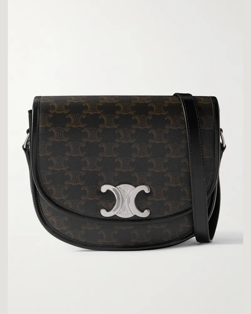 Celine Besace Triomphe Medium Leather-Trimmed Logo-Print Coated-Canvas Messenger Bag Black