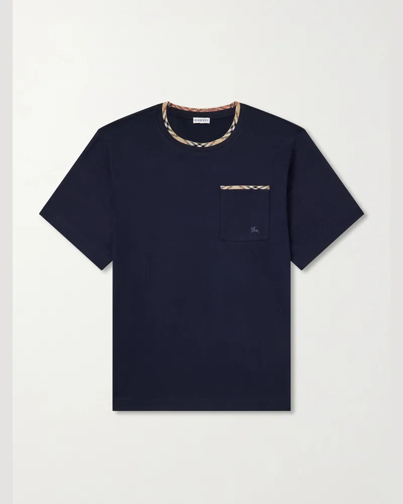 Burberry Logo-Embroidered Checked Cotton-Jersey T-Shirt Blue