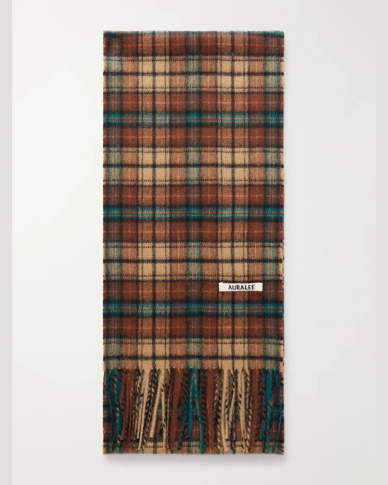 AURALEE Fringed Checked Cashmere Scarf Brown